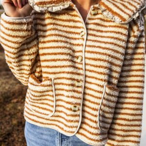 Brown Stripe Striped Fleece Button Front Long Sleeve Regular Fit Jacket
