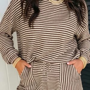 Brown Stripe Textured Knit Long Sleeve Top Elastic Waist Shorts Casual Outfit
