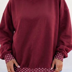 Burgundy Polka Dot Patchwork Round Neck Plus Size Sweatshirt