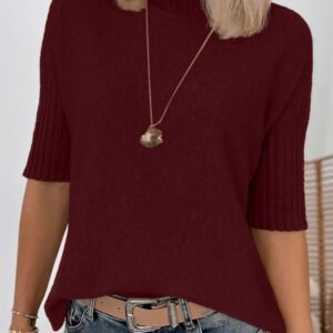 Burgundy Ribbed Trim High Neck Short Sleeve Casual Sweater