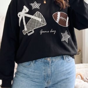 Black Rugby Game Day Patchwork Graphic Plus Size Sweatshirt