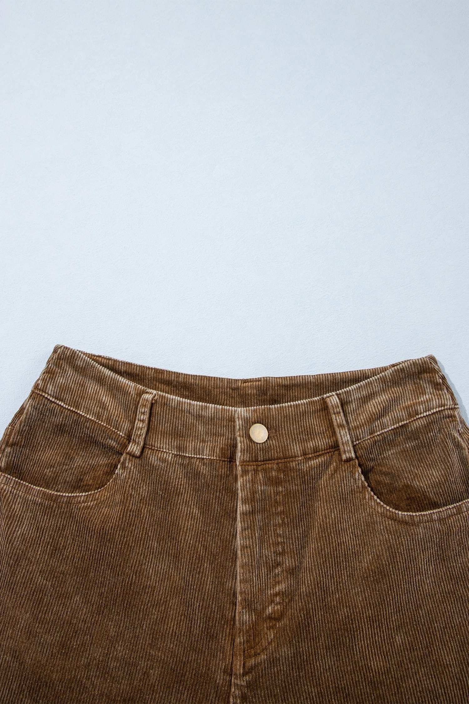 Camel Straight Leg Corduroy Metal Button Zip-up Pants