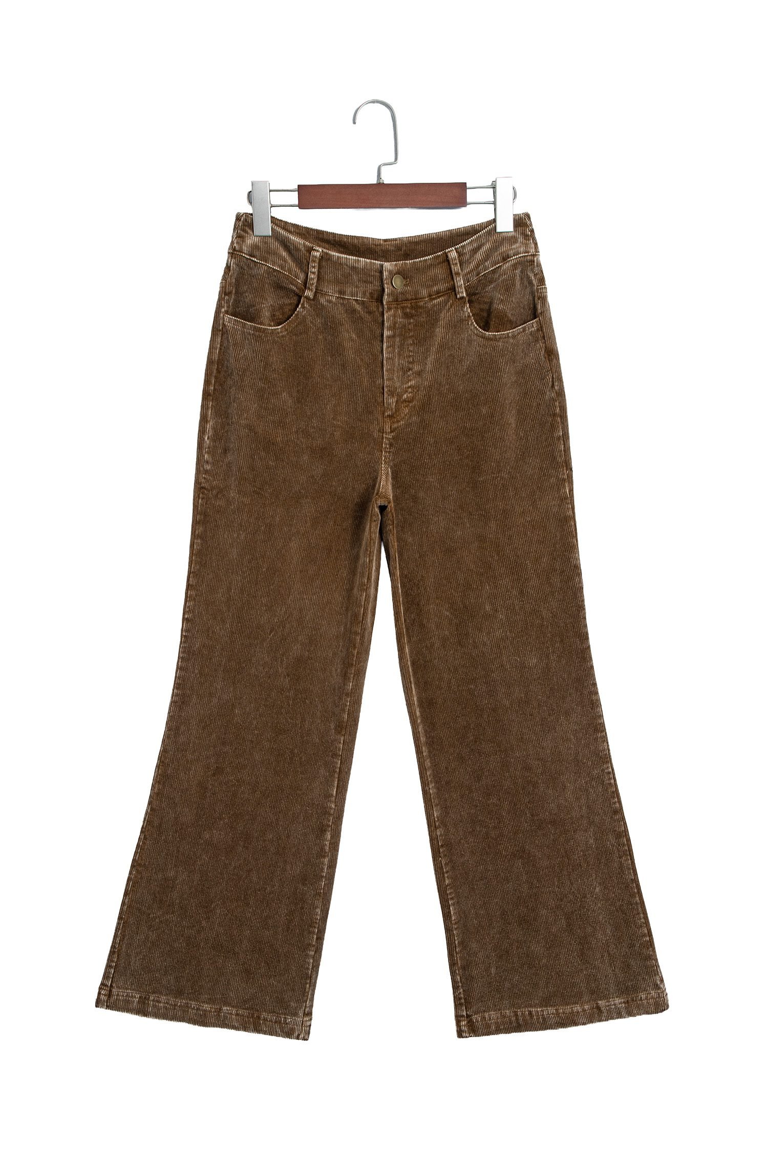 Camel Straight Leg Corduroy Metal Button Zip-up Pants