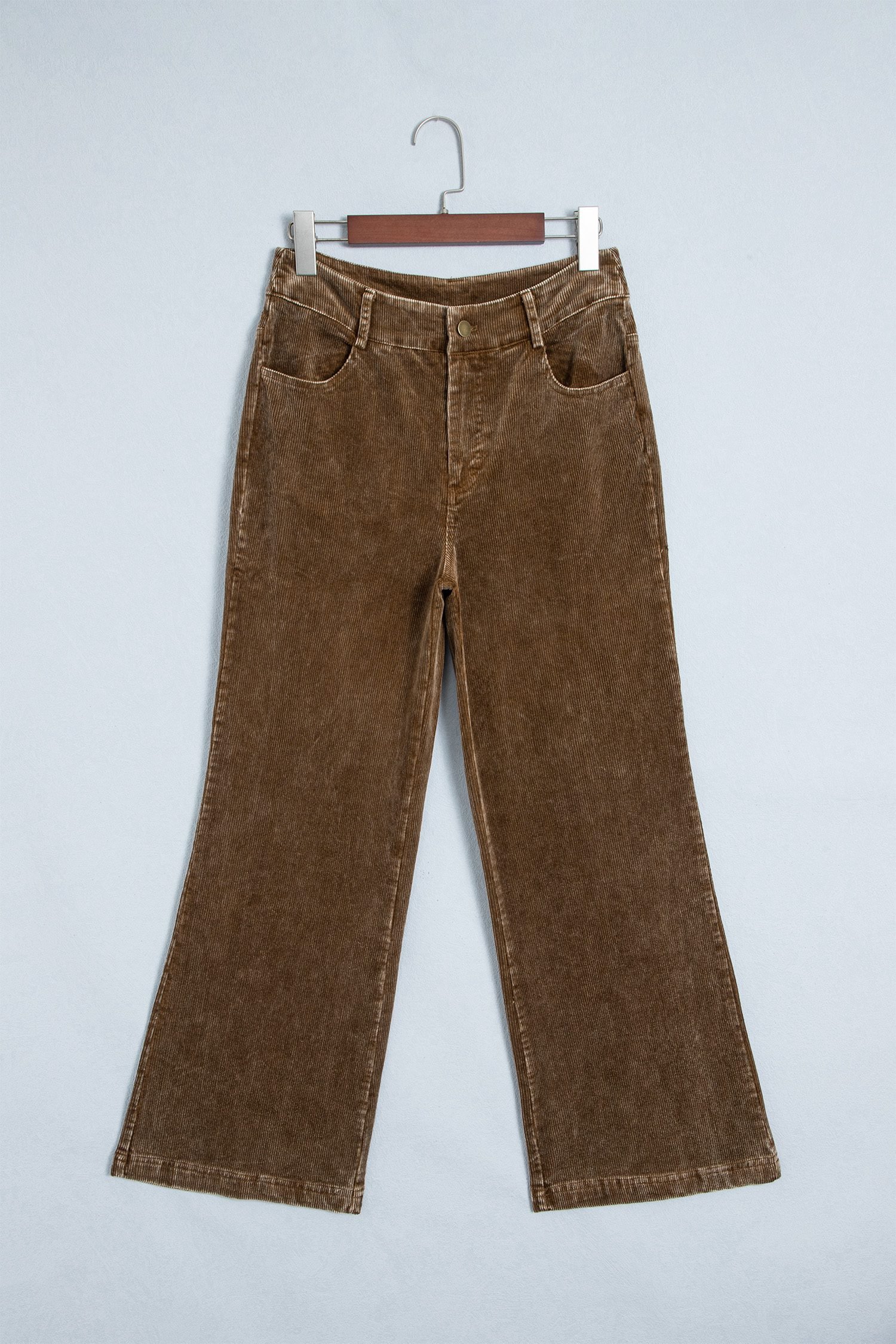 Camel Straight Leg Corduroy Metal Button Zip-up Pants