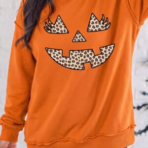 Carrot Leopard Halloween Pumpkin Face Printed Exposed Seam Mock Neck Sweatshirt