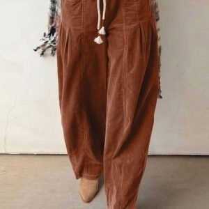Chestnut Elastic Waist Drawstring Corduroy Casual Pants