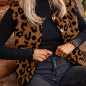 Chestnut Leopard Print Sherpa Vest Coat
