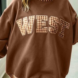 Chicory Coffee Plaid Trim High Neck WEST Letter Graphic Baggy Sweatshirt