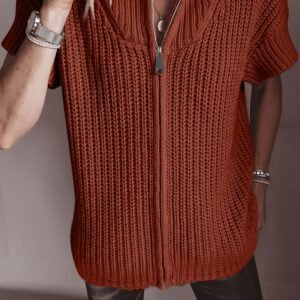 Cinnamon Solid Color Short Sleeve Zipper Knit High Neck Sweater