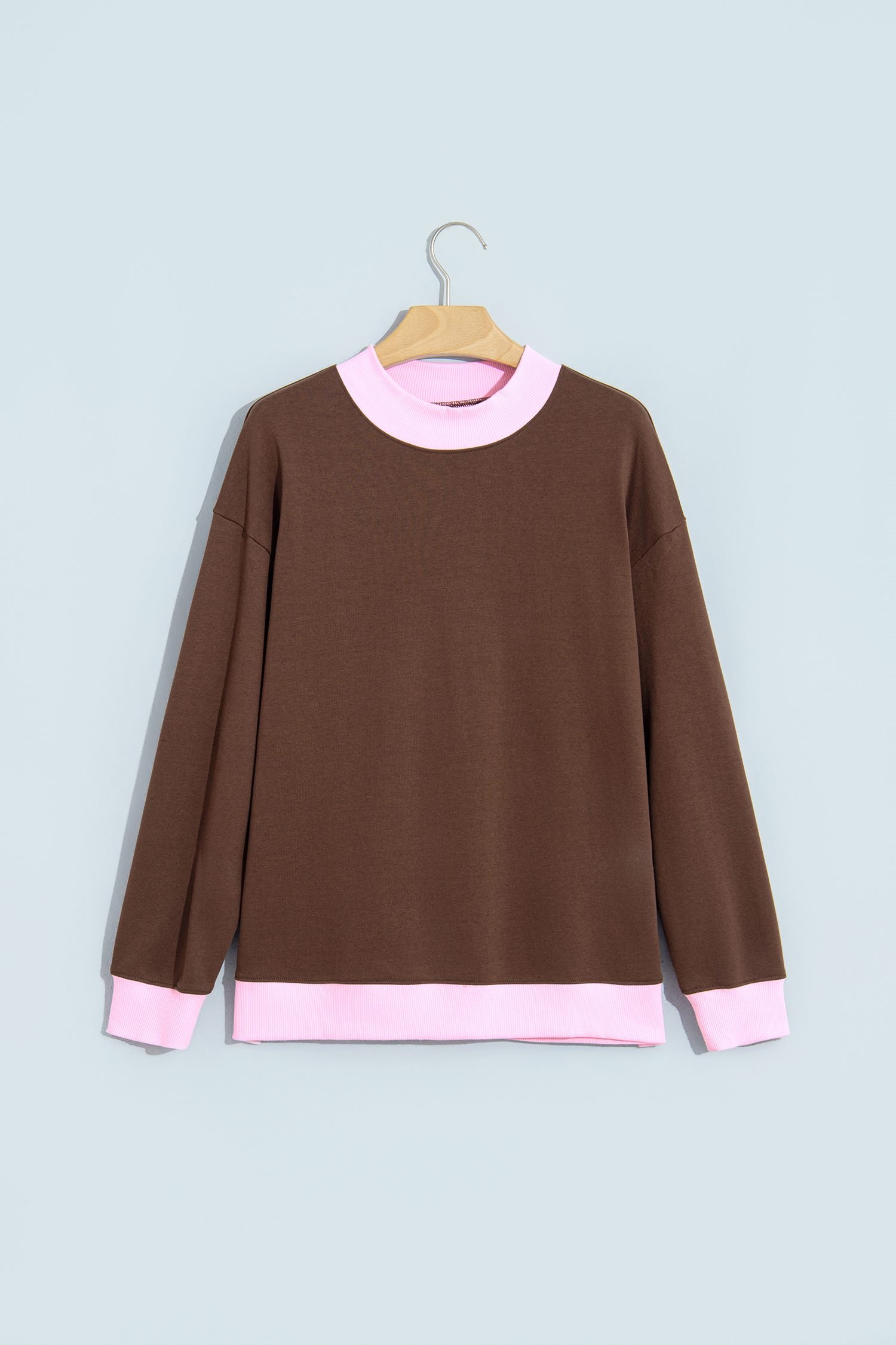 Coffee Colorblock Trim Crewneck Long Sleeve Pullover Sweatshirt