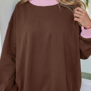 Coffee Colorblock Trim Crewneck Long Sleeve Pullover Sweatshirt