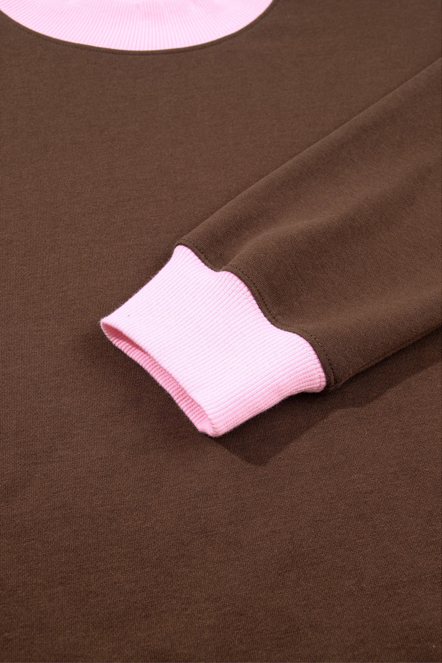 Coffee Colorblock Trim Crewneck Long Sleeve Pullover Sweatshirt