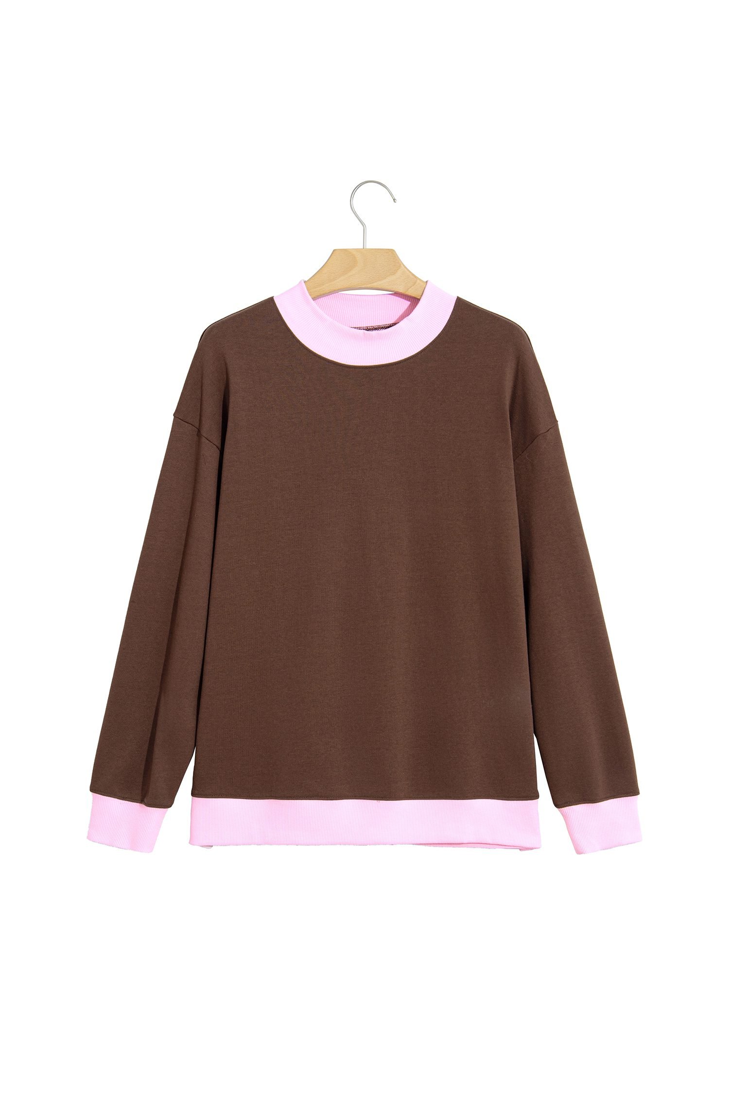 Coffee Colorblock Trim Crewneck Long Sleeve Pullover Sweatshirt