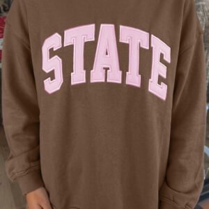 Coffee Exposed Seam Mock Neck STATE Letter Graphic Loose Sweatshirt