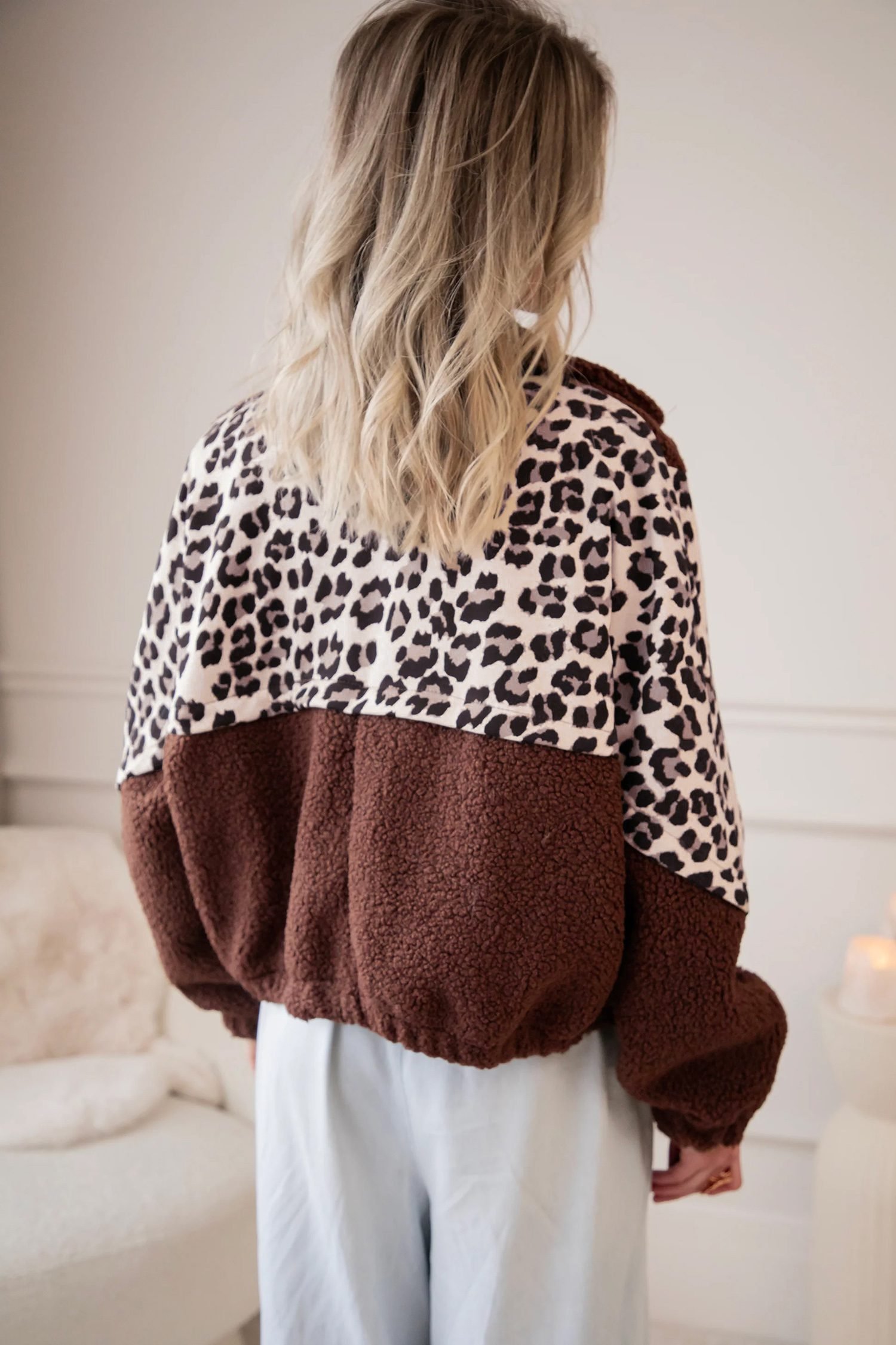 Coffee Leopard Patchwork Fleece Western Style Zip-up Collar Jacket