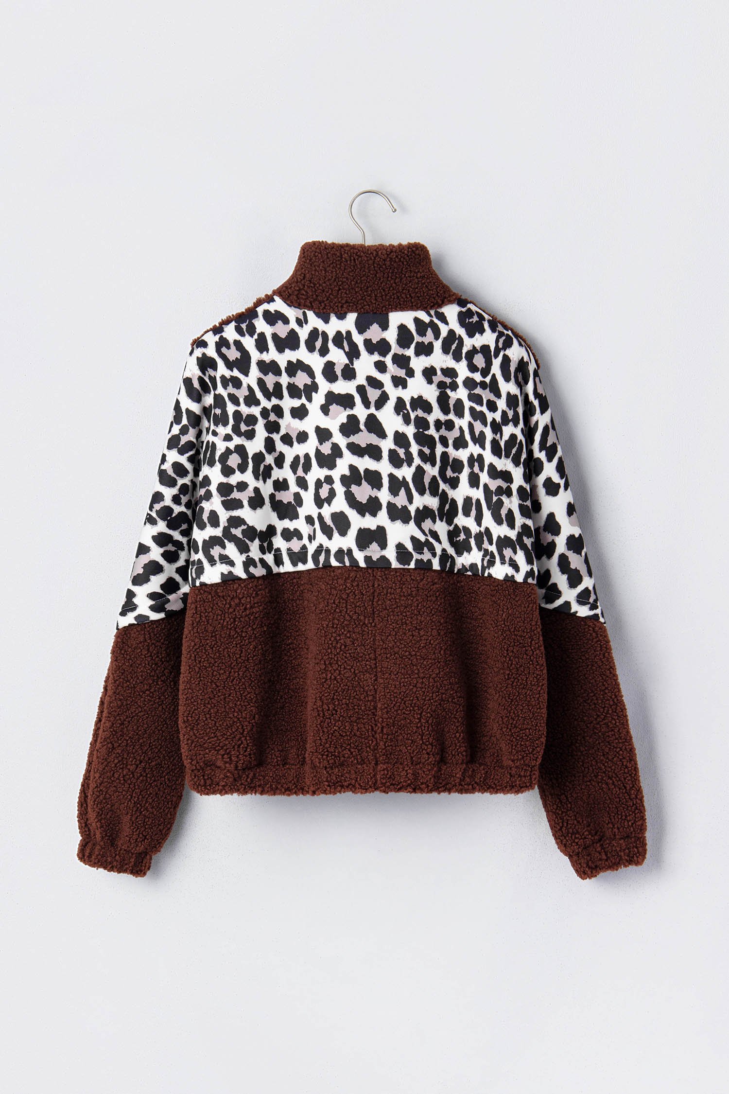 Coffee Leopard Patchwork Fleece Western Style Zip-up Collar Jacket