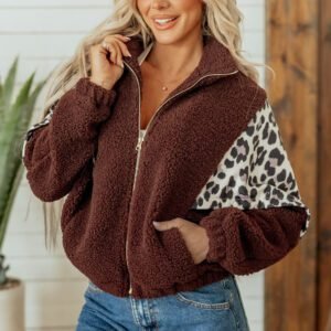 Coffee Leopard Patchwork Fleece Western Style Zip-up Collar Jacket