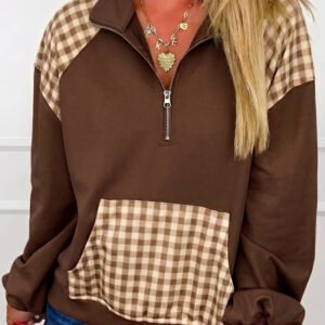 Coffee Patchwork Plaid Pocket Quarter Zip Sweatshirt