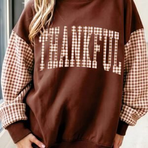 Coffee Plaid Thanksgiving Graphic Patchwork Sleeve Mock Neck Sweatshirt