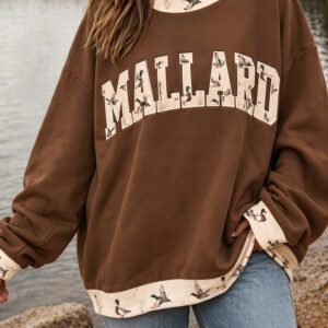 Coffee Plus Size Embroidered Trim Mallard Patch Contrast Trim Crewneck Sweatshirt