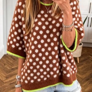 Coffee Polka Dot Contrast Trim Round Neck Half Sleeve Sweater