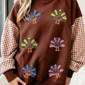 Coffee Sequin Turkey Plaid Sleeve Pullover Sweatshirt