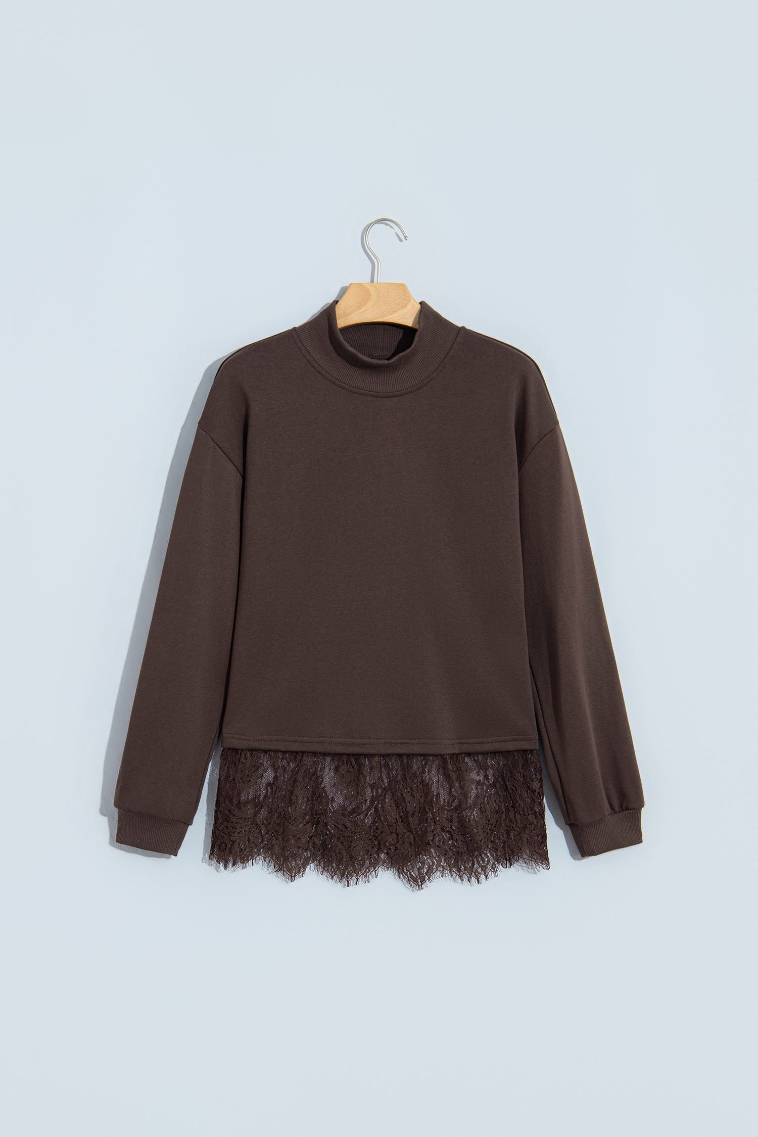 Coffee Solid Color High Neck Lace Splicing Hem Pullover Sweatshirt