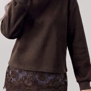 Coffee Solid Color High Neck Lace Splicing Hem Pullover Sweatshirt