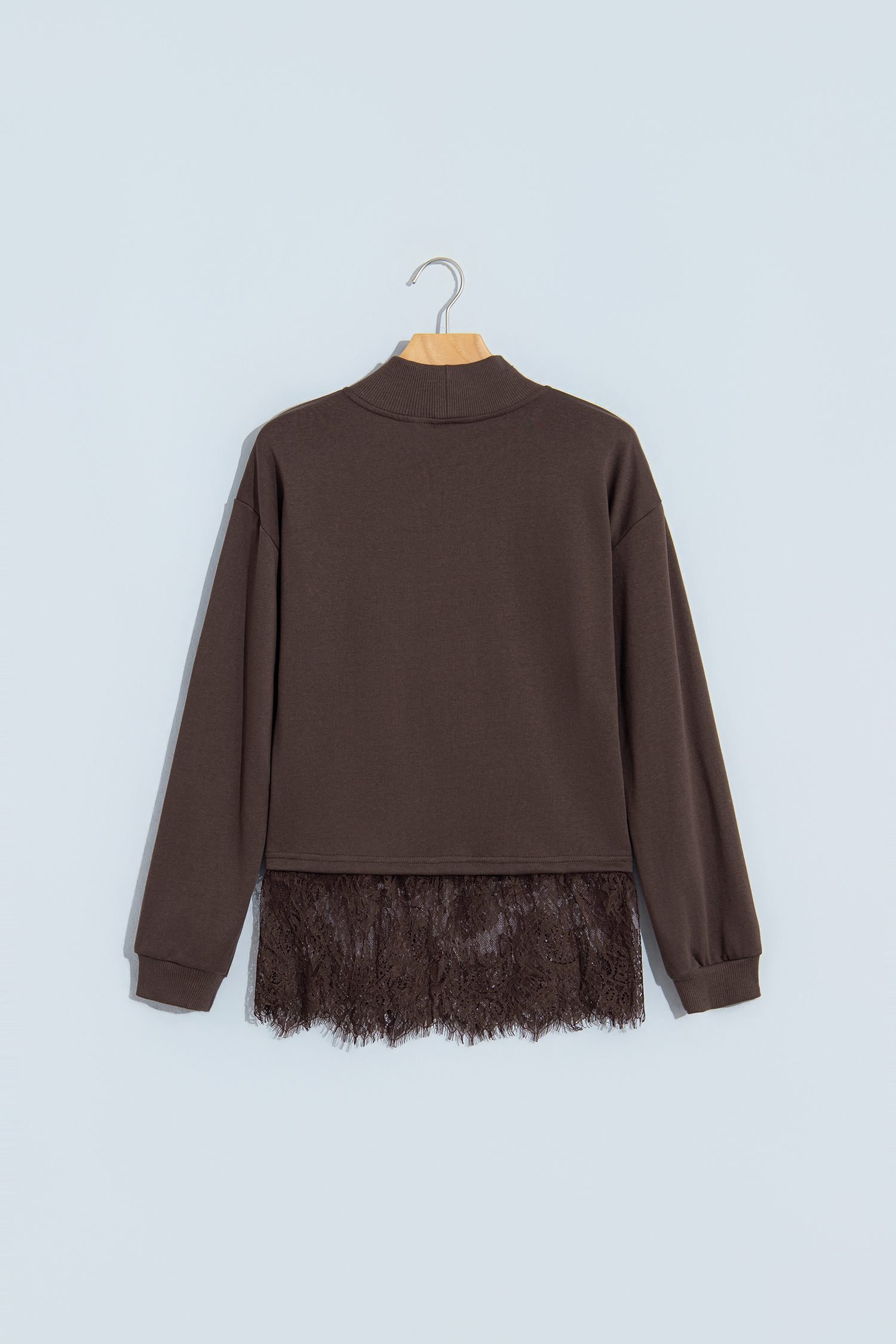 Coffee Solid Color High Neck Lace Splicing Hem Pullover Sweatshirt