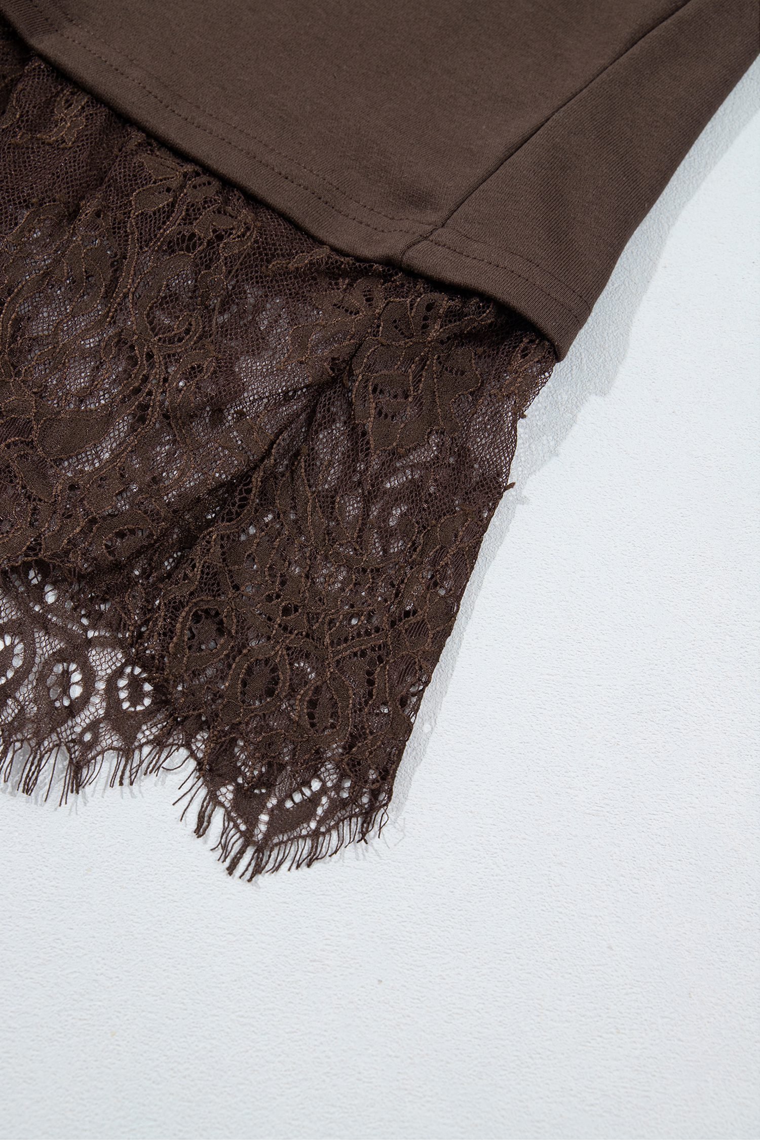 Coffee Solid Color High Neck Lace Splicing Hem Pullover Sweatshirt