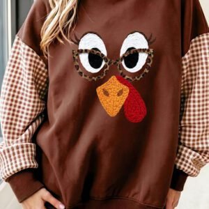Coffee Thanksgiving Turkey Plaid Sleeve Pullover Sweatshirt