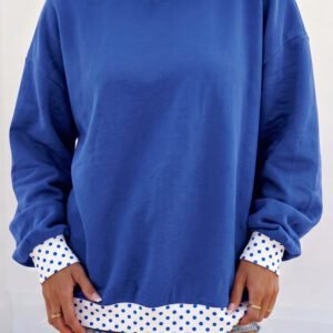 Dark Blue Colorblock Polka Dot Contrast Trim Oversized Sweatshirt