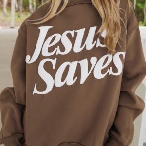 Dark Brown Jesus Saves Slogan Print Stand Neck Baggy Sweatshirt