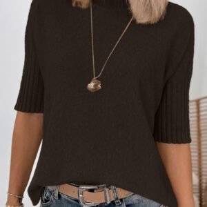 Dark Brown Ribbed Trim High Neck Short Sleeve Casual Sweater