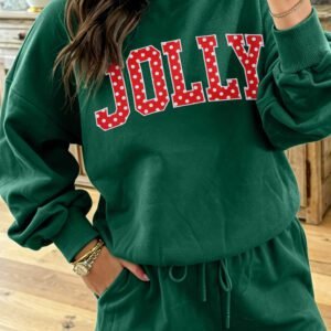 Dark Green Christian Slogan Print Mock Neck Pullover and Shorts Set