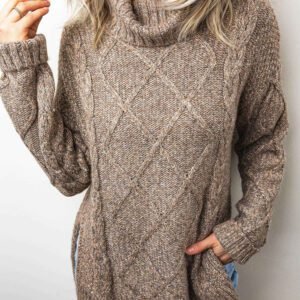 Dark Khaki High Neck Drop Shoulder Cable Knit Regular Length Sweater