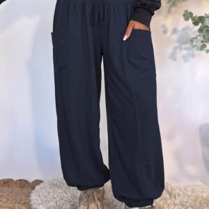 Dirty blue Elastic Waist Drawstring Wide Leg Full Length Pants