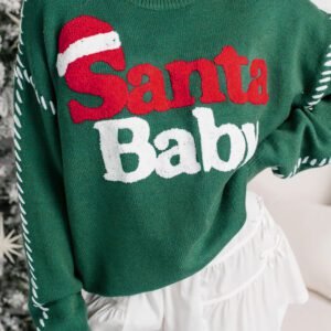 Evergreen Santa Baby Towel Embroidery Christmas Slogan Pullover Sweater