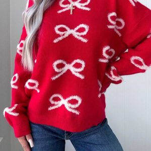 Fiery Red All Over Bow Dropped Shoulder Round Neck Shift Sweater