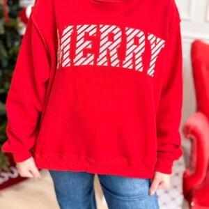 Fiery Red Embroidered Merry Slogan Stand Neck Long Sleeve Shift Sweatshirt