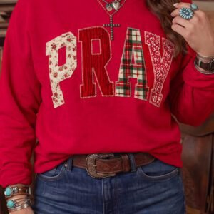 Fiery Red PRAY Letter Patchwork Round Neck Long Sleeve Plus Size Sweatshirt