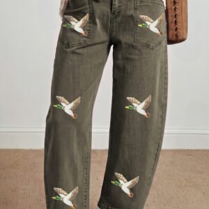 Four Leaf Clover Sequin Mallard Graphic Ankle Length Barrel Jeans