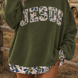 Four Leaf Clover Western Contrast Detail Letter Graphic Baggy Sweatshirt