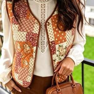 Golden Fleece Quilted Floral Patchwork Contrast Trim V Neck Button Vest