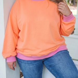 Grapefruit Orange Color Block Contrast Trim Plus Size Sweatshirt