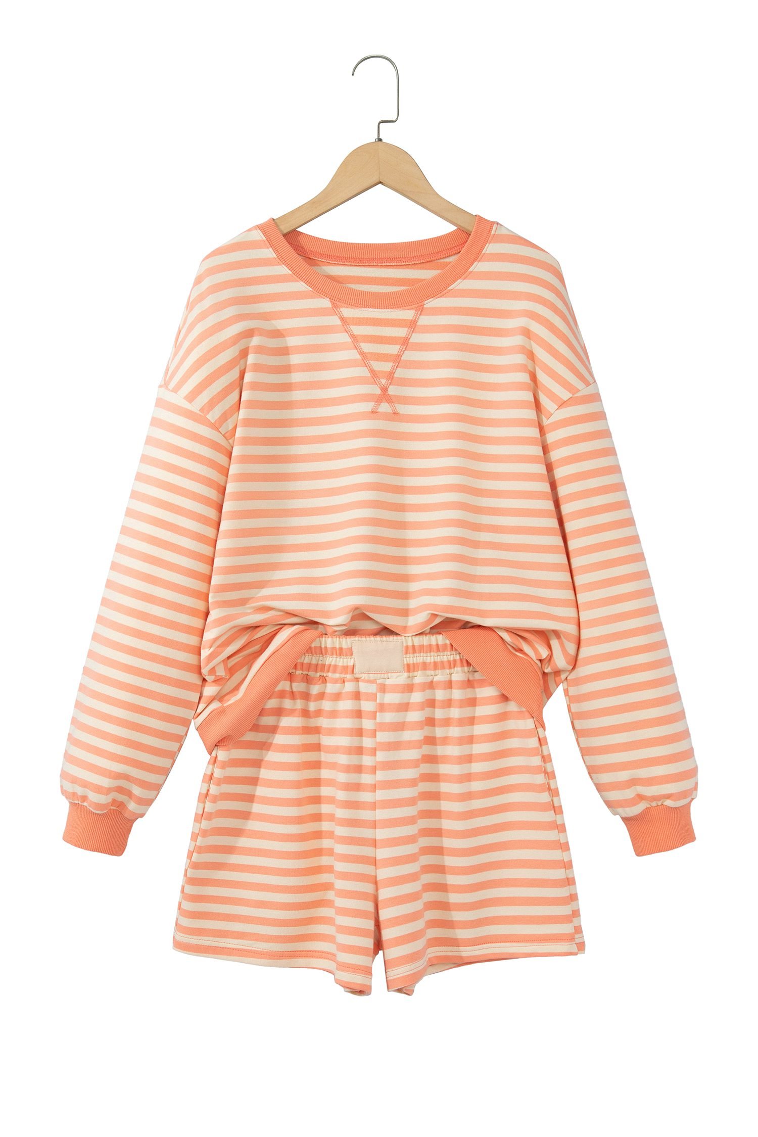 Grapefruit Orange Drop Shoulder Long Sleeve Pullover Elastic Waist Casual Short Set