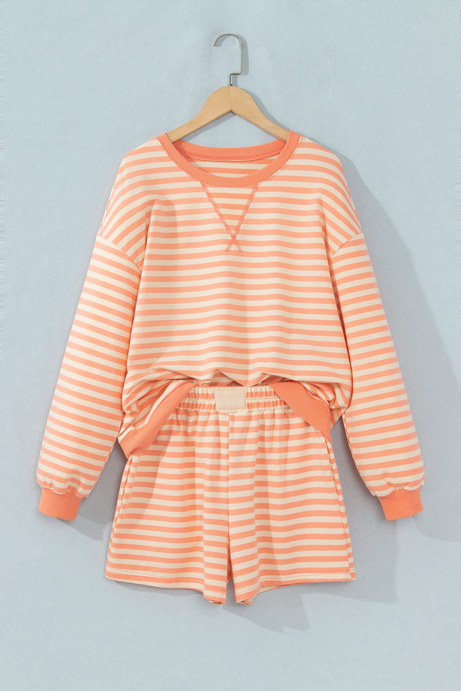 Grapefruit Orange Drop Shoulder Long Sleeve Pullover Elastic Waist Casual Short Set