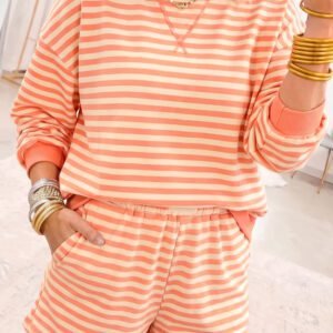 Grapefruit Orange Drop Shoulder Long Sleeve Pullover Elastic Waist Casual Short Set
