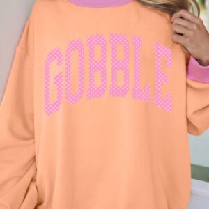 Grapefruit Orange Polka Dot GOBBLE Lettering Contrast Mock Neck Pullover Sweatshirt