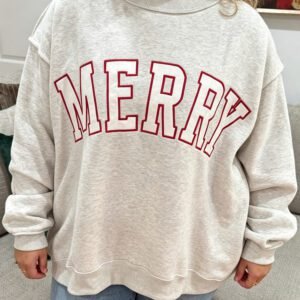 Gray Embroidered Merry Letter Print Mock Neck Plus Size Sweatshirt